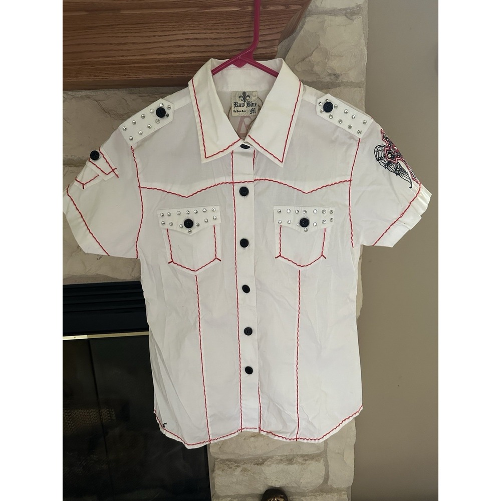 Vtg Y2K Gothic Cross Angel Wings Studded Shirt Women's Medium White Red Stitch